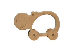 Tekerlekli Su Aygırı Oyuncak Hayvan Figürü - Doğal Masif Ahşap