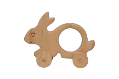 Tekerlekli Tavşan Oyuncak Hayvan Figürü - Doğal Masif Ahşap