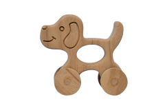 Tekerlekli Köpek Oyuncak Hayvan Figürü - Doğal Masif Ahşap