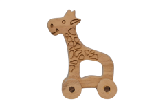 Tekerlekli Zürafa Oyuncak Hayvan Figürü - Doğal Masif Ahşap